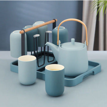 Nordic-style Morandi water set for home use—includes a large-capacity teapot and cups with a wooden tray; minimalist design suitable for the living room.