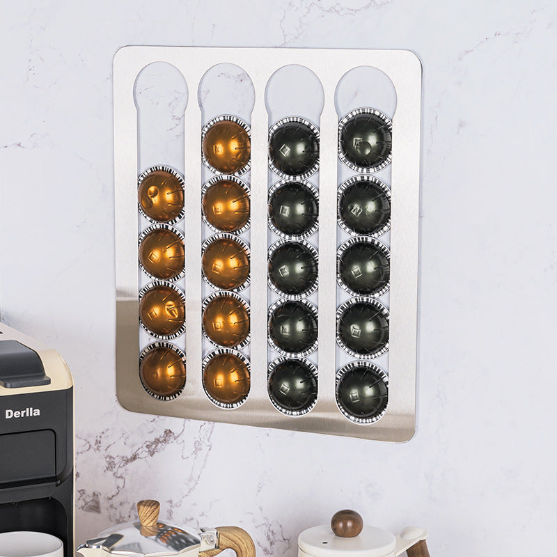 Drill-free stainless steel wall-mounted coffee capsule storage and display rack.
