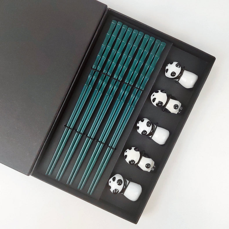 Artisanal Panda Bamboo-Style Alloy Chopstick Gift Set - Traditional Tableware