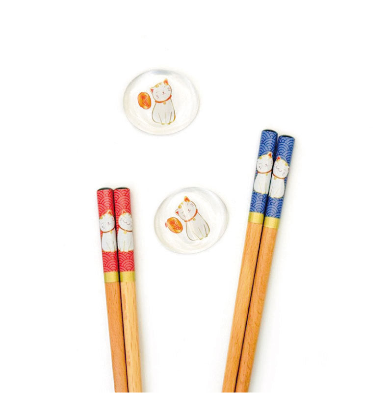 Artisanal Lucky Cat Wooden Chopstick Gift Set - Traditional Japanese Tableware