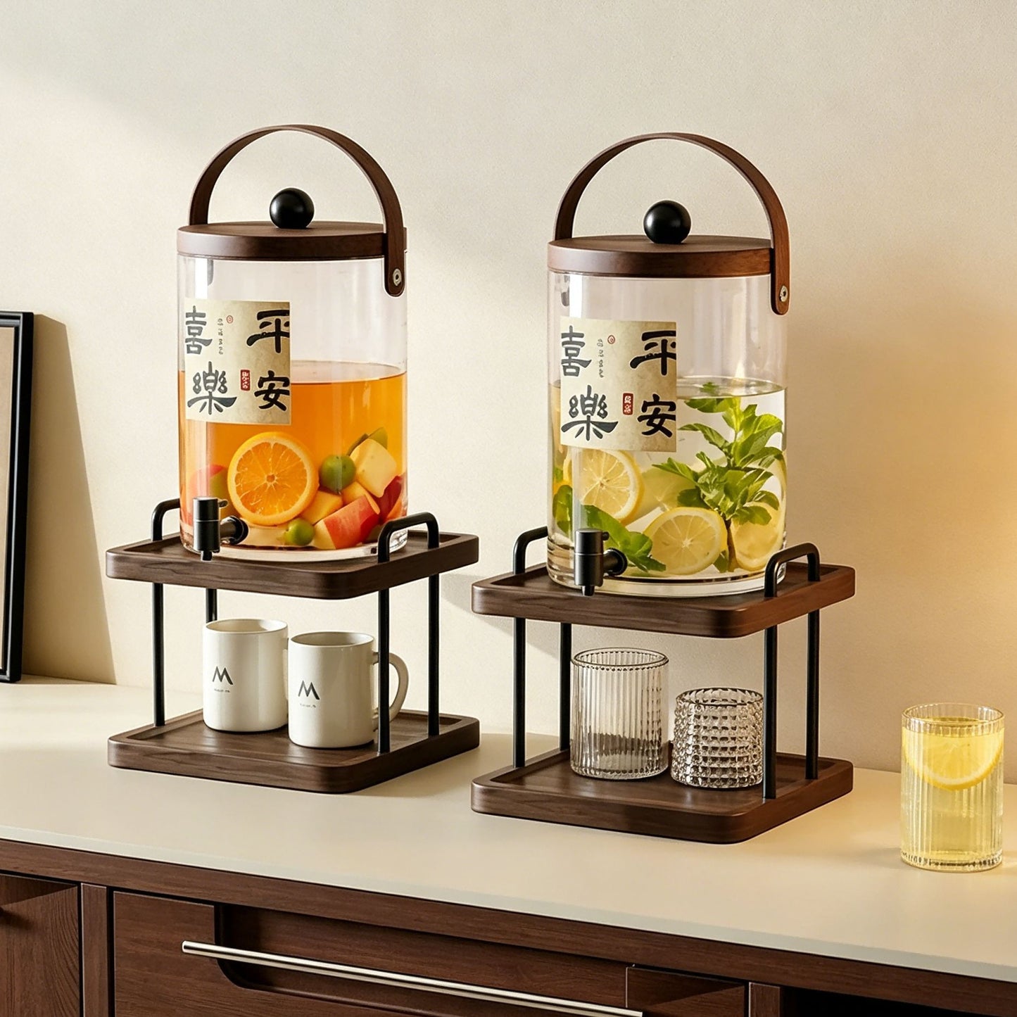 Artisanal Vintage Glass Beverage Dispenser with Walnut Wood Stand - 3.5L / 5.5L
