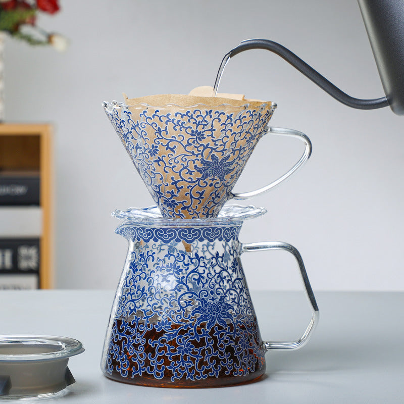 Artisanal Blue & White Porcelain Glass Coffee Server Set - V60 Drip System