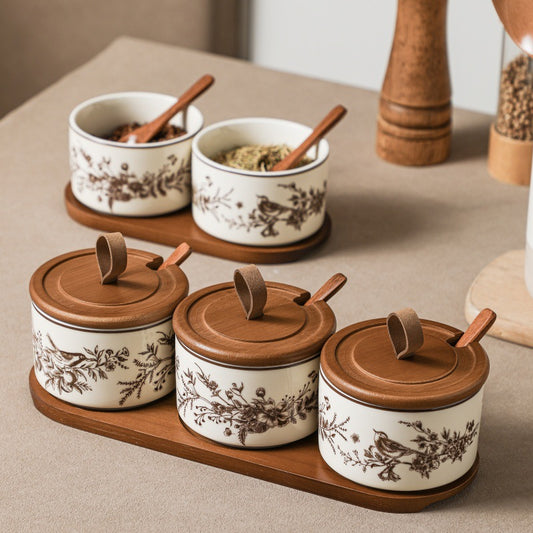 Stylish French-style ceramic seasoning jar with spoon – elegant kitchen condiment container for salt and spices.