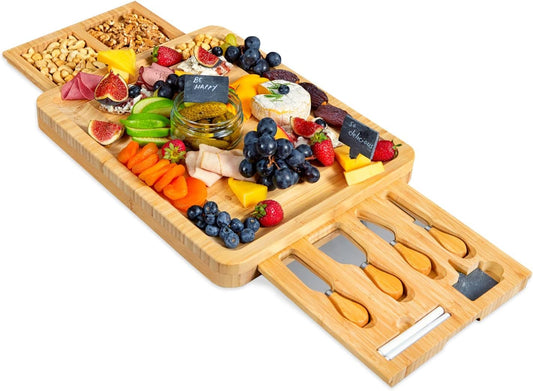 Large Bamboo Cheese Board Set - Elegant Charcuterie Platter with Hidden Drawer & Knives