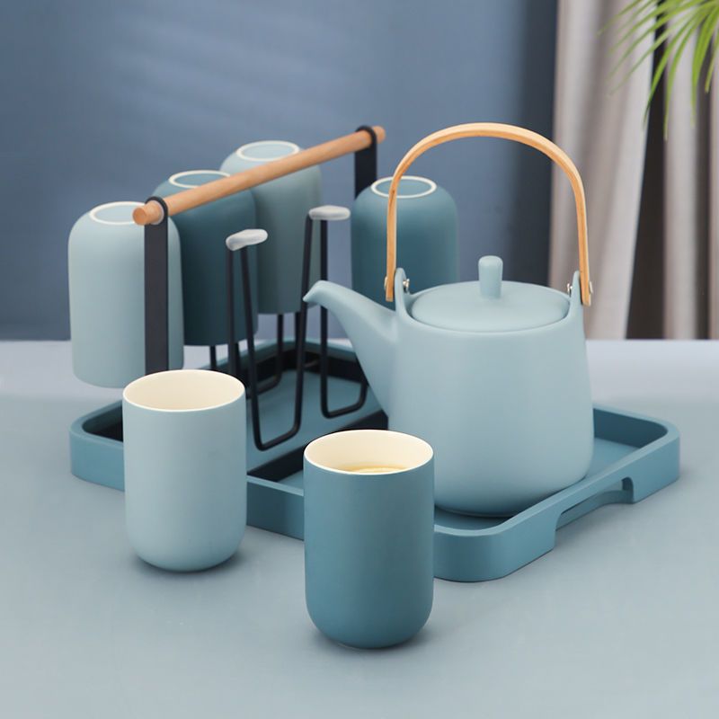 Nordic-style Morandi water set for home use—includes a large-capacity teapot and cups with a wooden tray; minimalist design suitable for the living room.