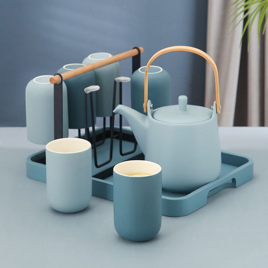 Nordic-style Morandi water set for home use—includes a large-capacity teapot and cups with a wooden tray; minimalist design suitable for the living room.