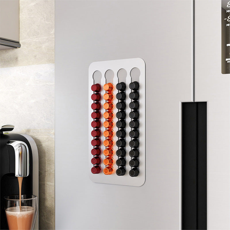Drill-free stainless steel wall-mounted coffee capsule storage and display rack.