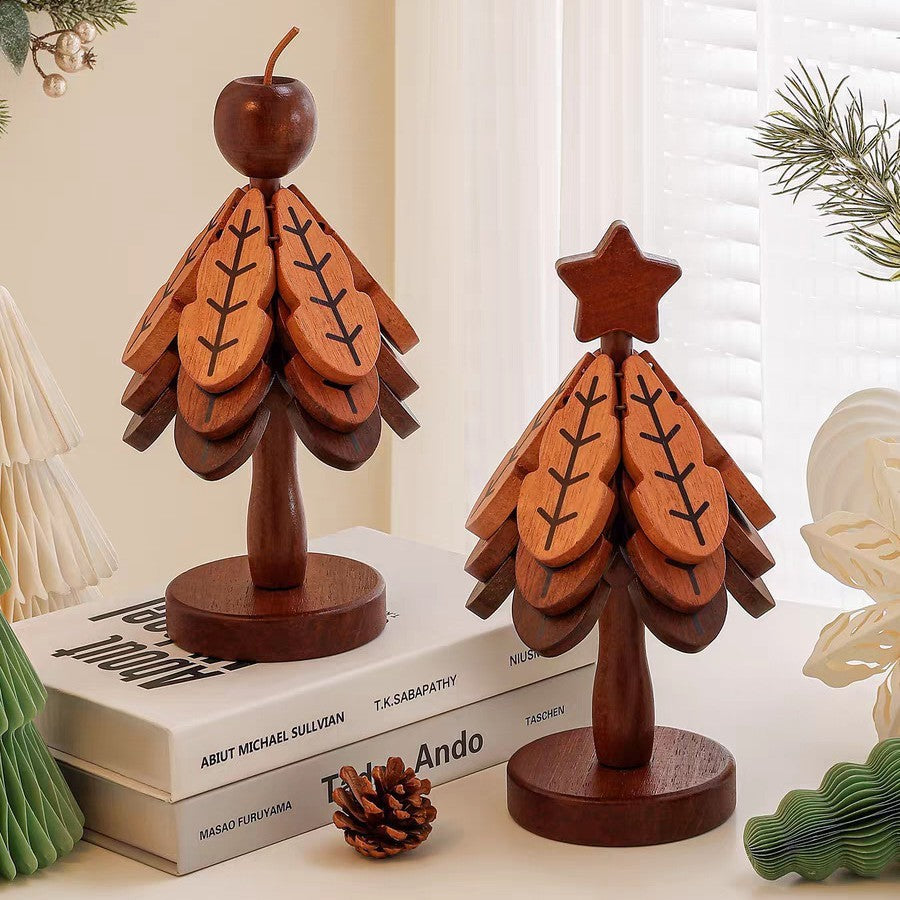 Creative Wooden Christmas Tree Coaster Set - Walnut & Beech