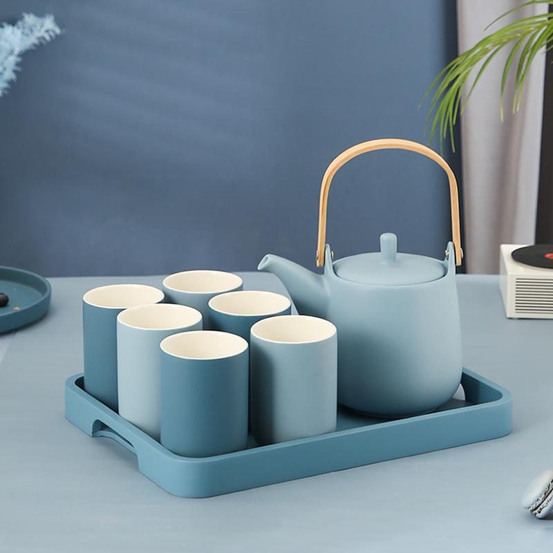 Nordic-style Morandi water set for home use—includes a large-capacity teapot and cups with a wooden tray; minimalist design suitable for the living room.