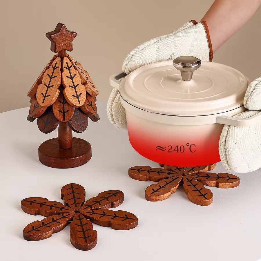 Creative Wooden Christmas Tree Coaster Set - Walnut & Beech