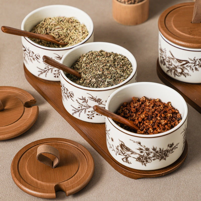 Stylish French-style ceramic seasoning jar with spoon – elegant kitchen condiment container for salt and spices.