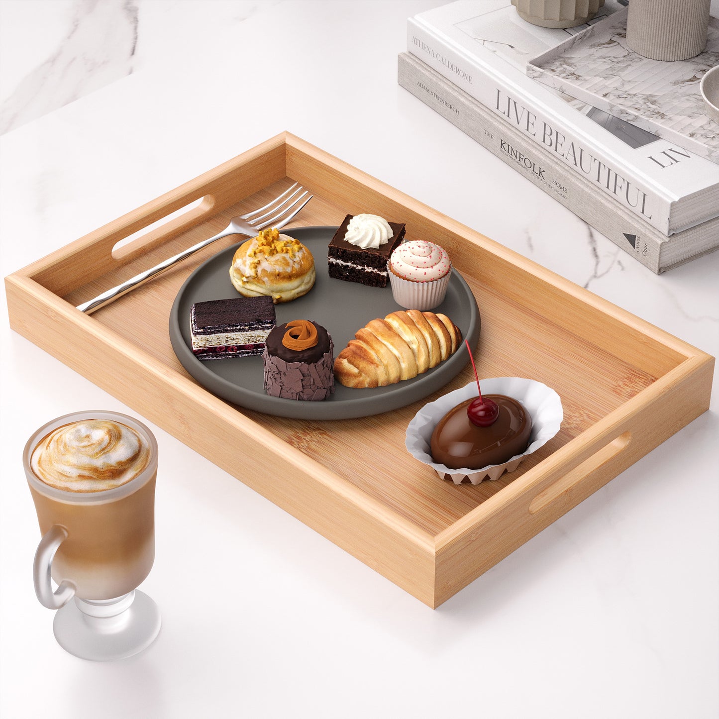 Handcrafted Bamboo Serving Tray - Large Rectangular Spill-Proof Ottoman Tray