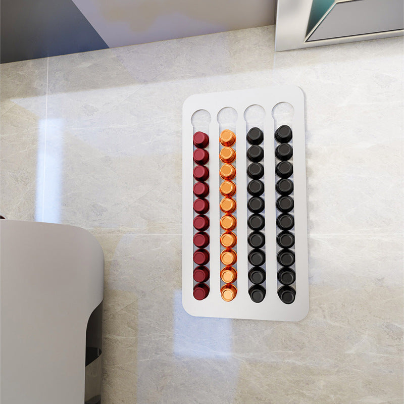 Drill-free stainless steel wall-mounted coffee capsule storage and display rack.