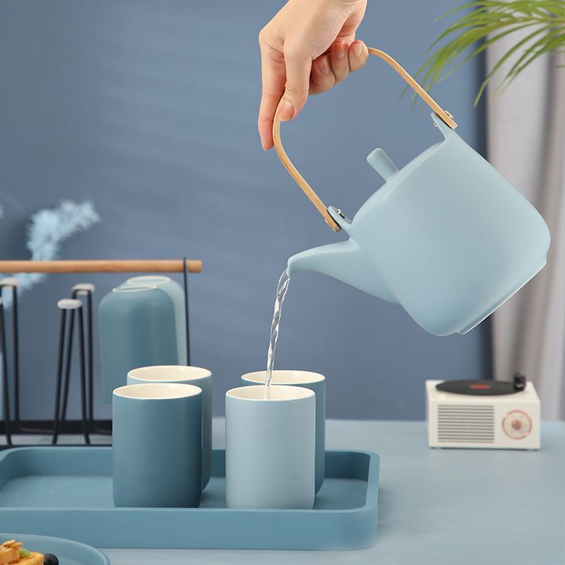 Nordic-style Morandi water set for home use—includes a large-capacity teapot and cups with a wooden tray; minimalist design suitable for the living room.