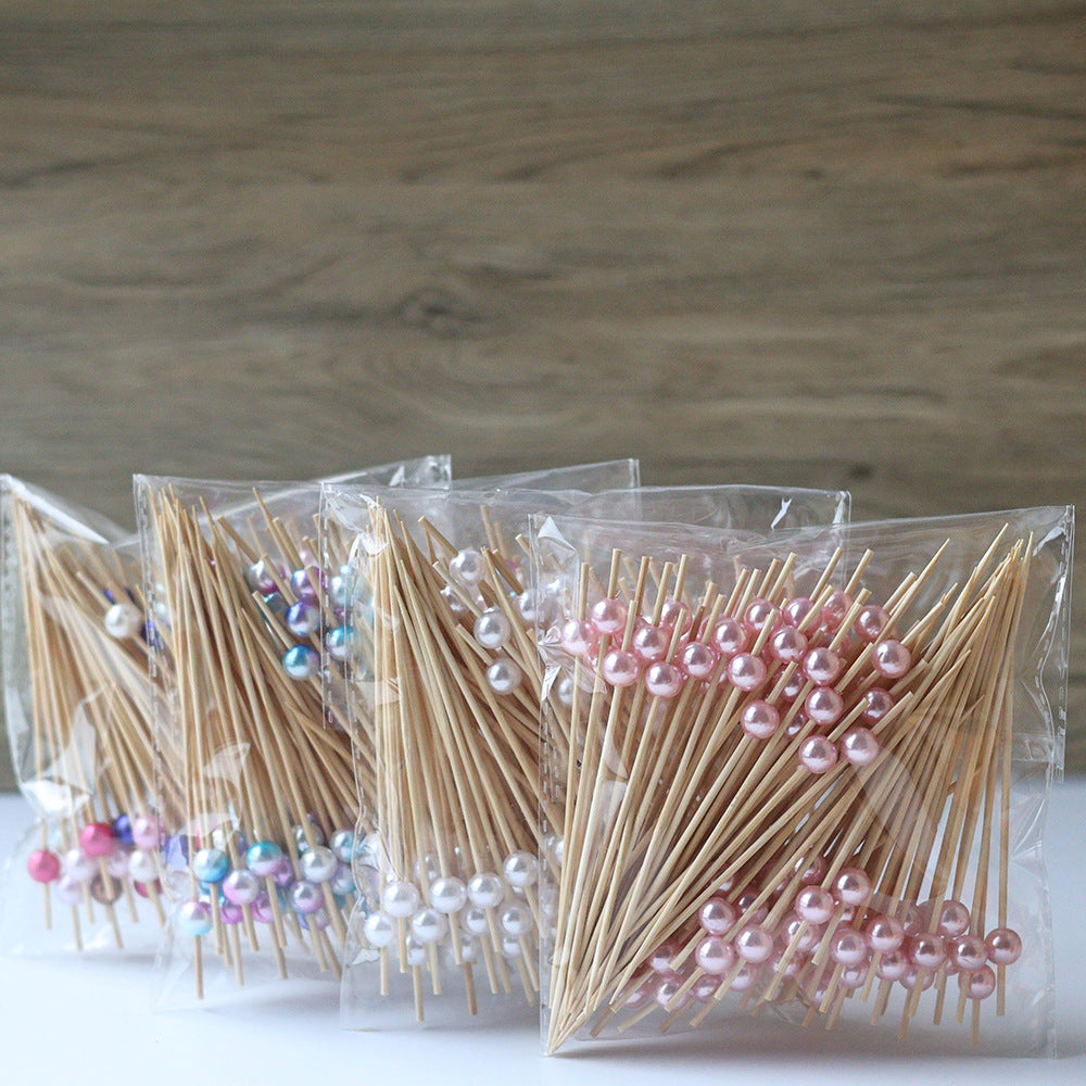 Pearl Decorative Cocktail Picks - Elegant Bamboo Wedding & Party Skewers (100 Count)