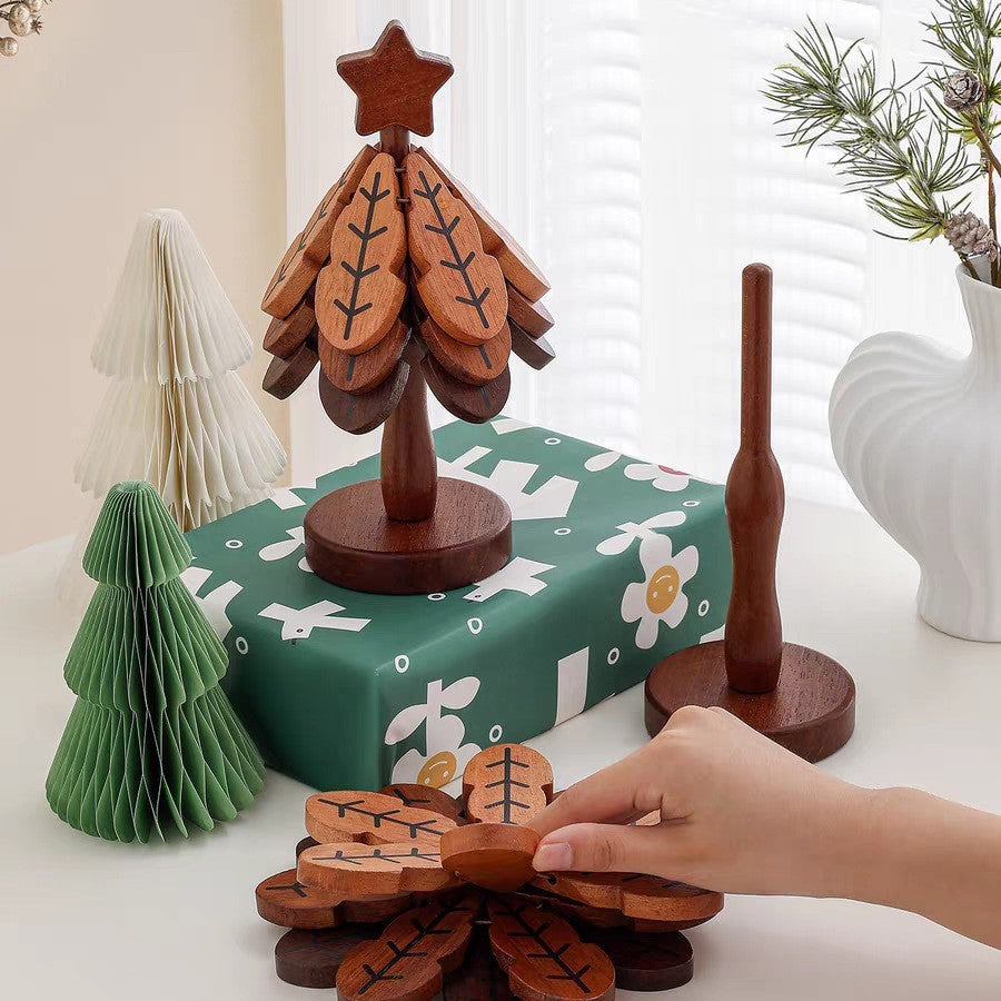 Creative Wooden Christmas Tree Coaster Set - Walnut & Beech