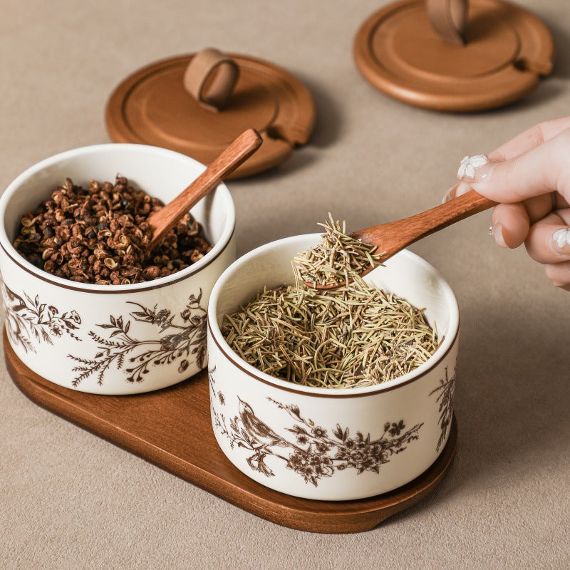 Stylish French-style ceramic seasoning jar with spoon – elegant kitchen condiment container for salt and spices.