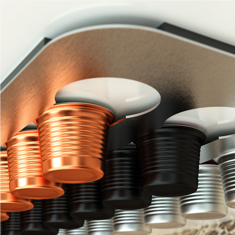 Drill-free stainless steel wall-mounted coffee capsule storage and display rack.