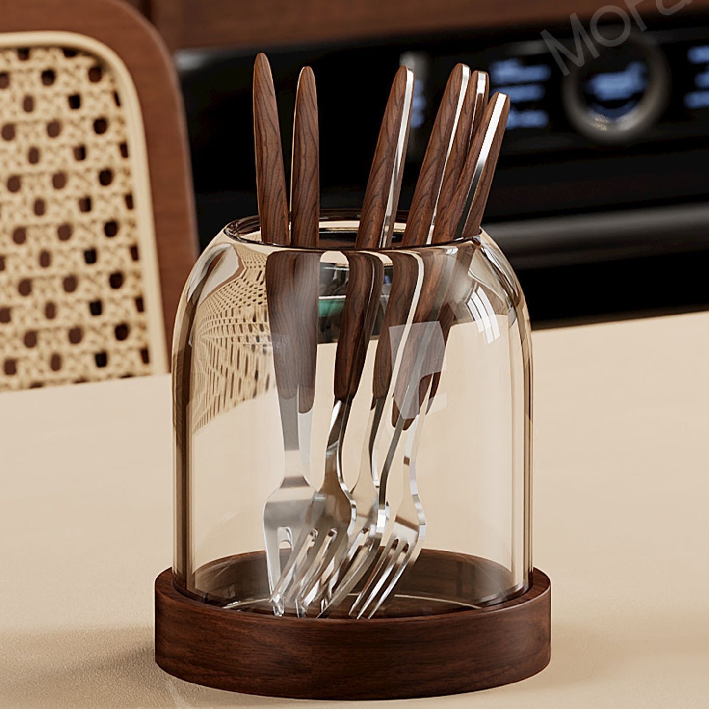 Retro-style stainless steel fruit fork and spoon storage jar—suitable for dessert picks and cutlery; a stylish desktop organizer for home use.