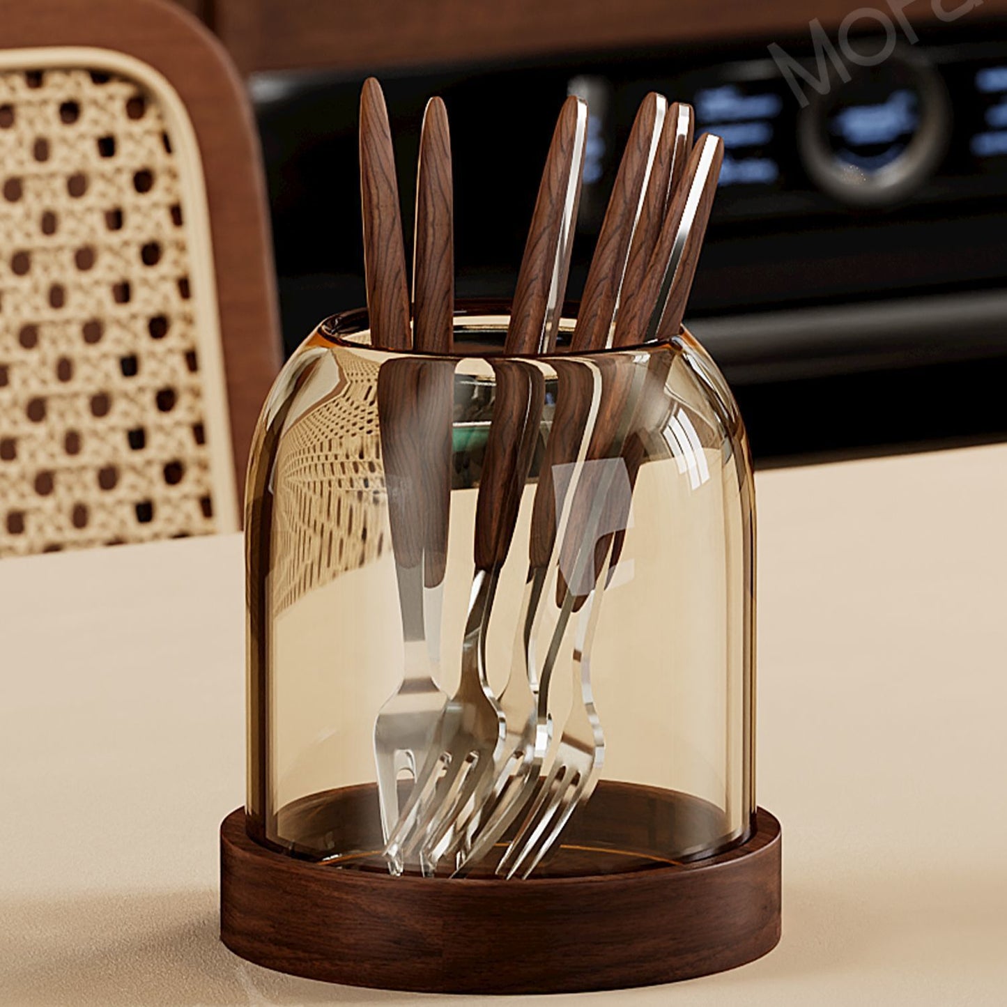 Retro-style stainless steel fruit fork and spoon storage jar—suitable for dessert picks and cutlery; a stylish desktop organizer for home use.