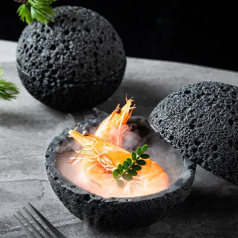Japanese Zen Volcanic Stone Sushi Plate - Artistic Black Serving Bowl Milaiduo Dining