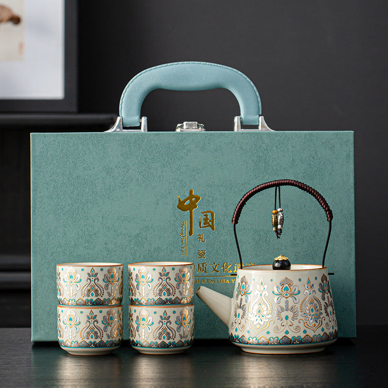 Artisanal Ru Kiln Teapot Set with Lifting Handle - Traditional Zen Gift Kit
