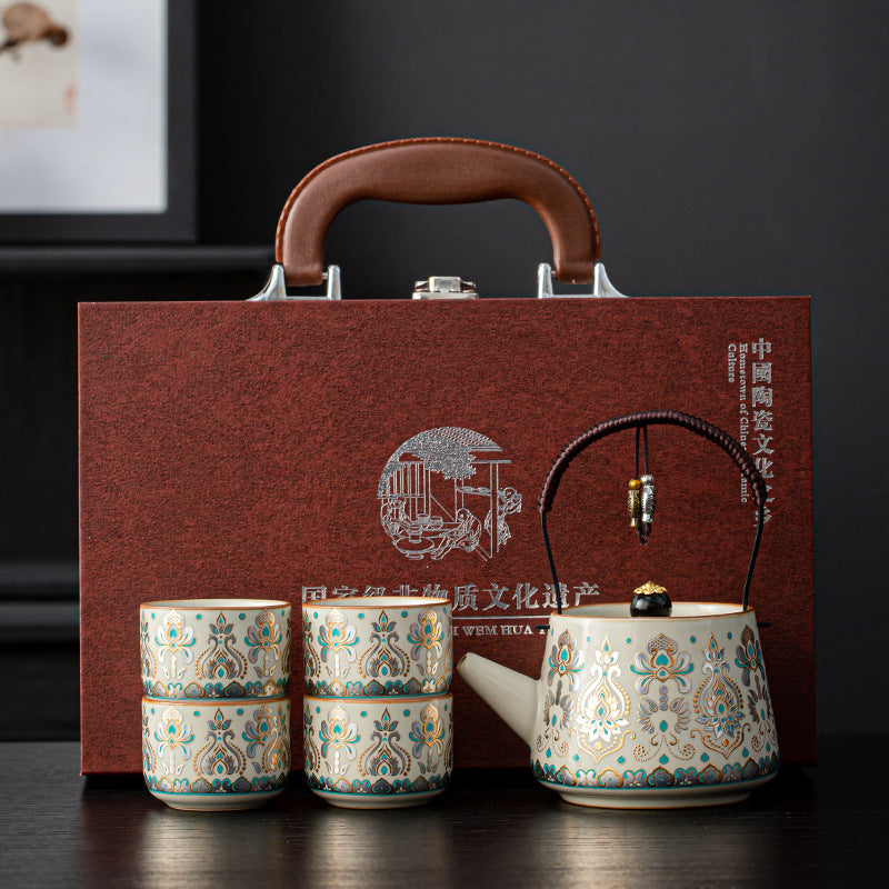 Artisanal Ru Kiln Teapot Set with Lifting Handle - Traditional Zen Gift Kit