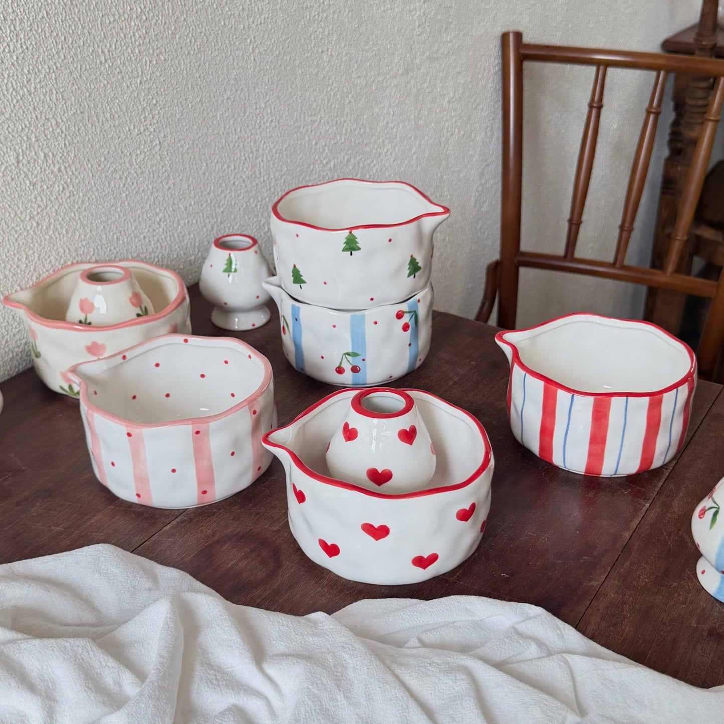 French Vintage Hand-Painted Ceramic Matcha Bowl Set - Irregular Chawan with Spout