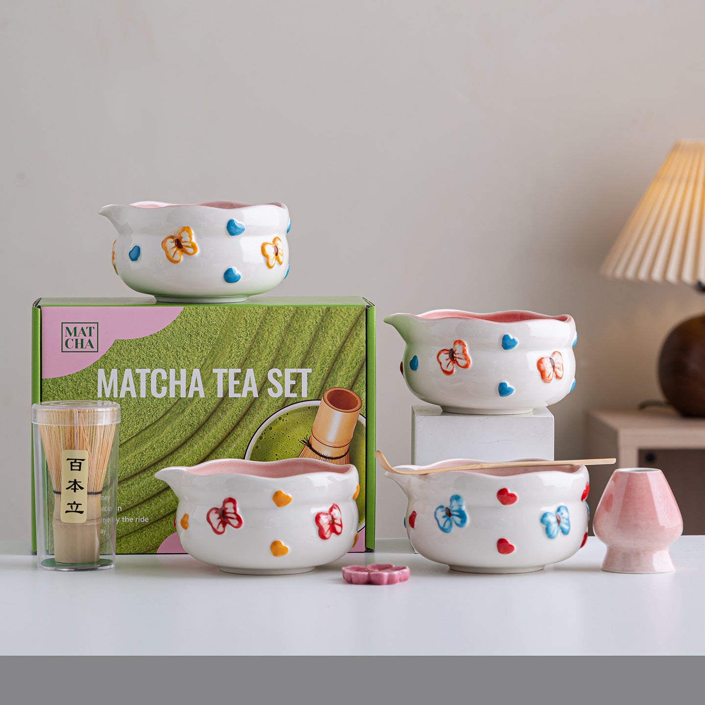 Artisanal Hand-Painted Butterfly Ceramic Matcha Starter Set - 7-Piece Professional Kit