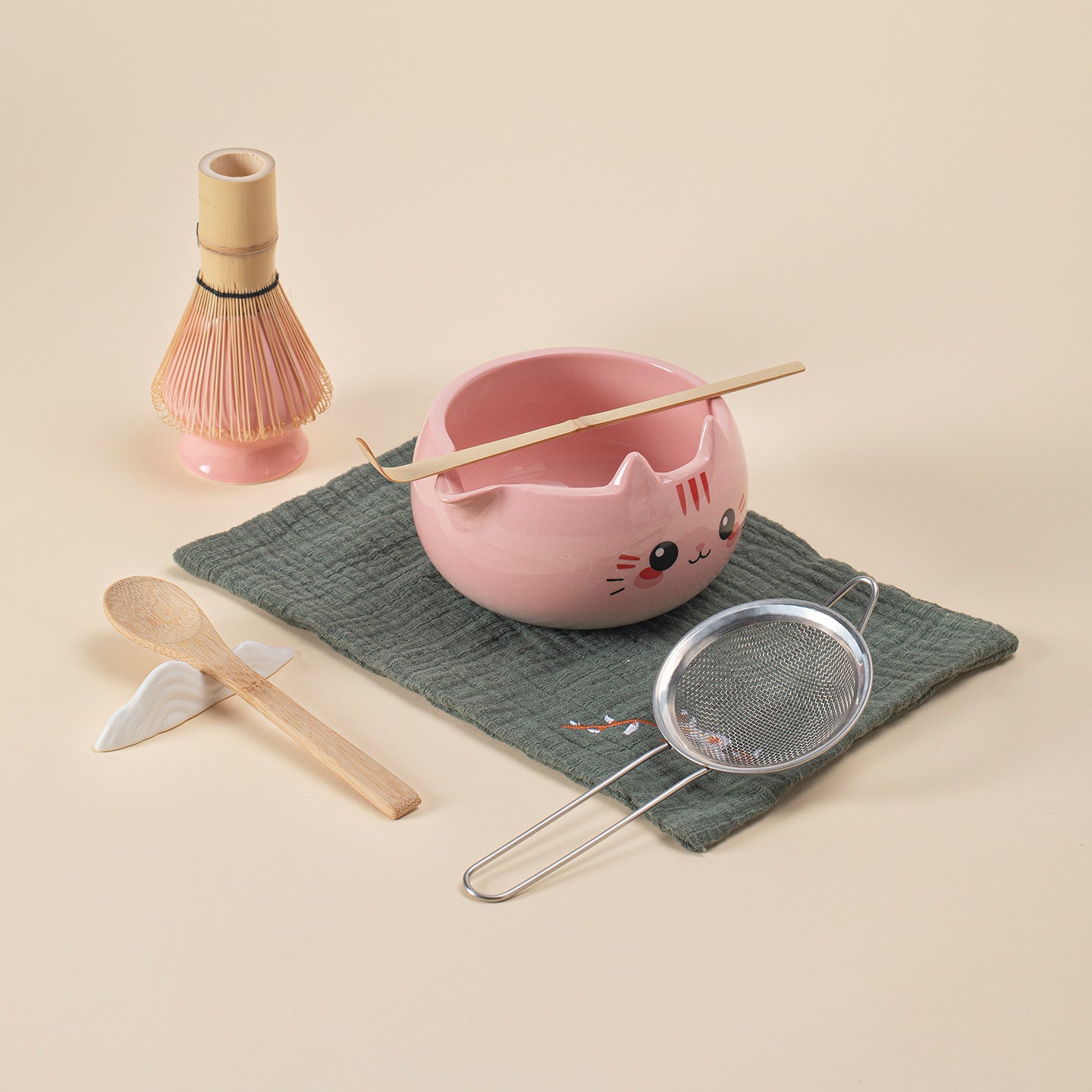 Kawaii Hand-Painted Cat Ceramic Matcha Starter Set - 8-Piece Master Gift Kit