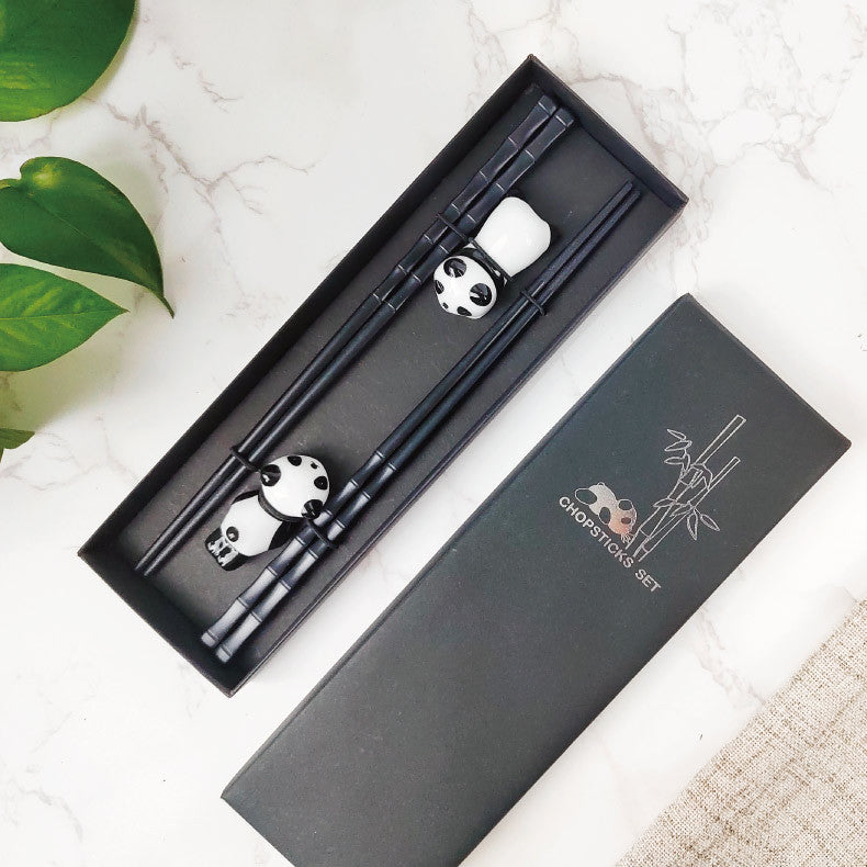 Artisanal Panda Bamboo-Style Alloy Chopstick Gift Set - Traditional Tableware
