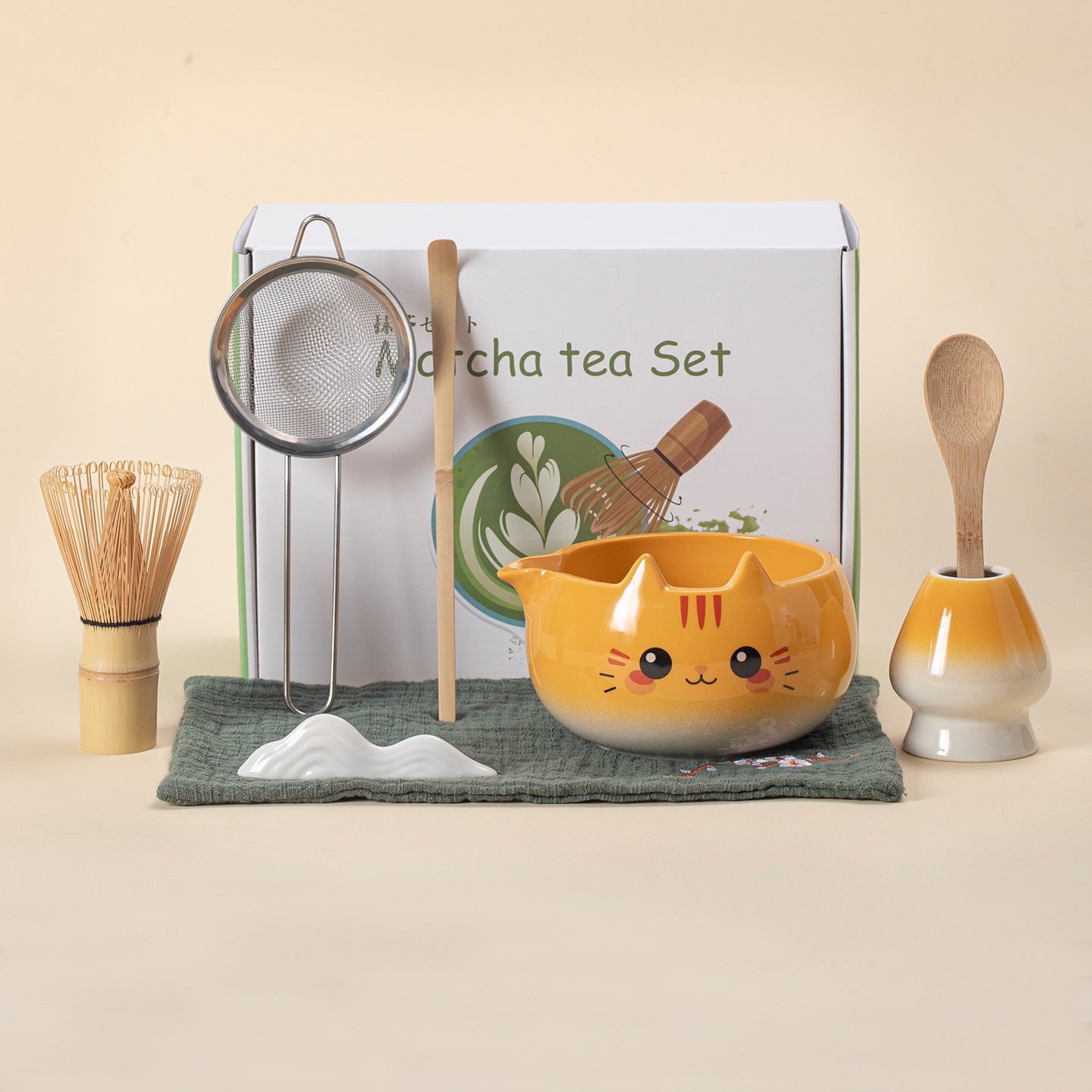 Kawaii Hand-Painted Cat Ceramic Matcha Starter Set - 8-Piece Master Gift Kit