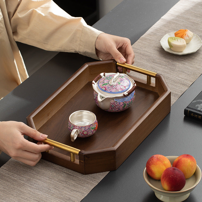 Artisanal Walnut-Style Octagonal Tea Tray & Serving Platter - Modern Zen Collection