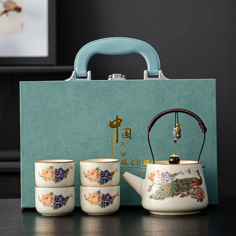 Artisanal Ru Kiln Teapot Set with Lifting Handle - Traditional Zen Gift Kit