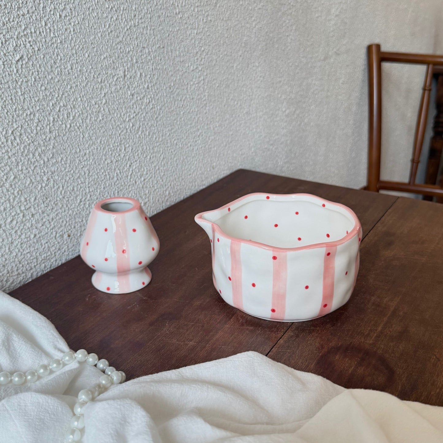 French Vintage Hand-Painted Ceramic Matcha Bowl Set - Irregular Chawan with Spout