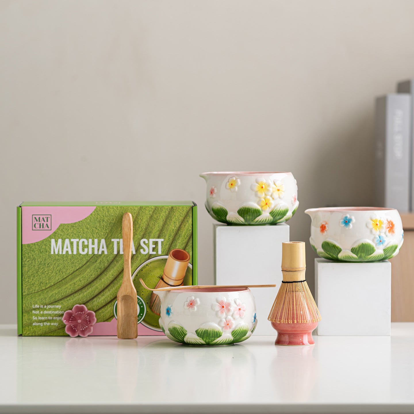 Artisanal Embossed Sakura Ceramic Matcha Starter Set - 7-Piece Master Gift Kit
