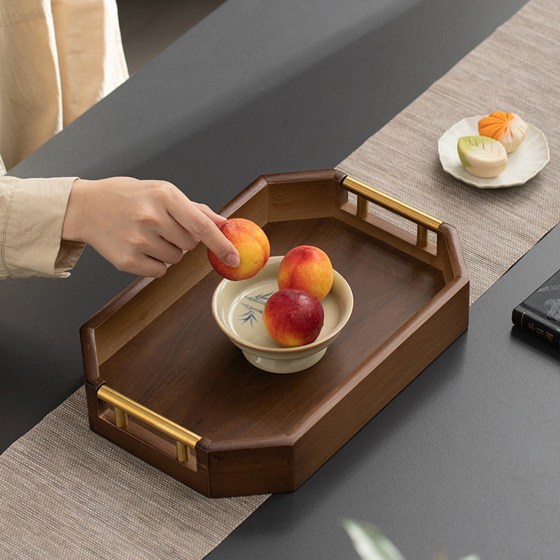 Artisanal Walnut-Style Octagonal Tea Tray & Serving Platter - Modern Zen Collection