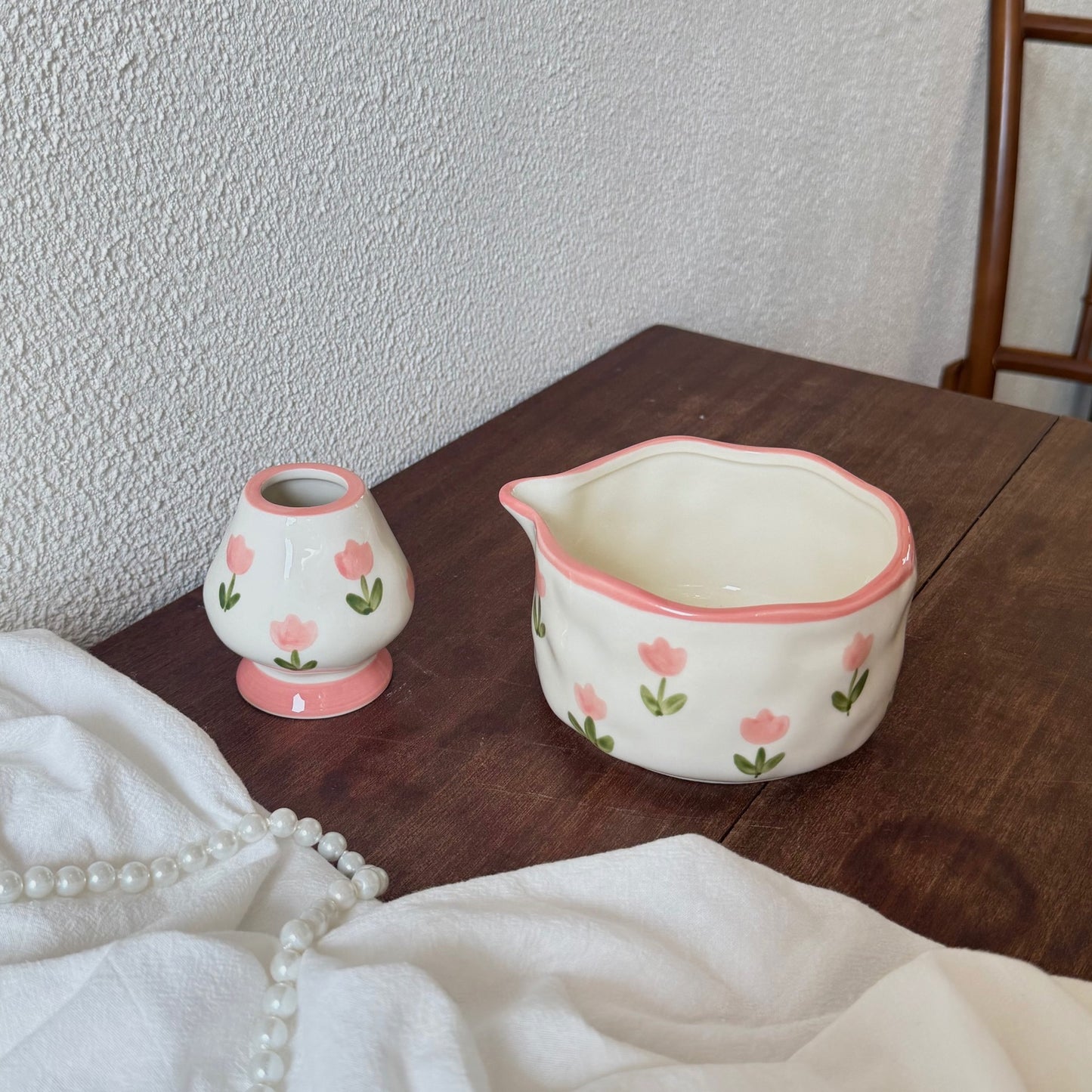 French Vintage Hand-Painted Ceramic Matcha Bowl Set - Irregular Chawan with Spout