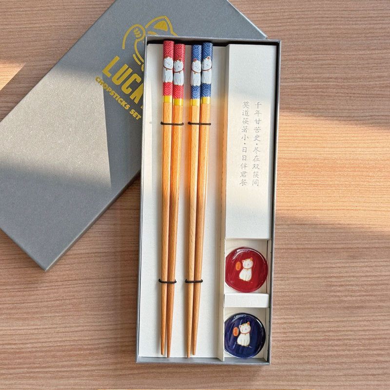 Artisanal Lucky Cat Wooden Chopstick Gift Set - Traditional Japanese Tableware