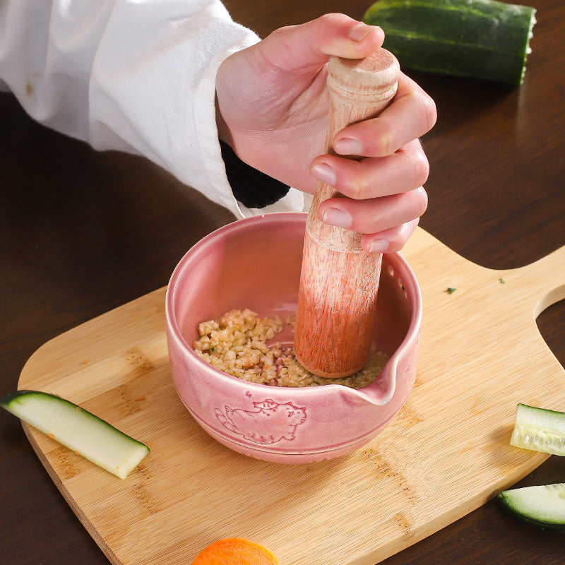 Artisanal Cat Ceramic Herb Stripper & Garlic Grater Bowl - Multi-functional Kitchen Tool