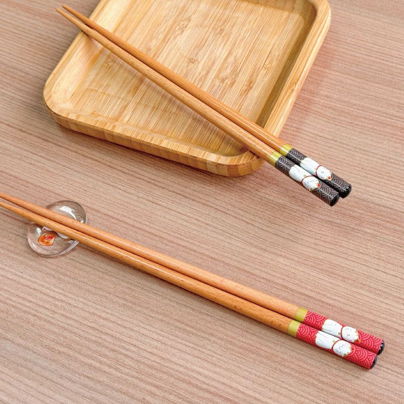 Artisanal Lucky Cat Wooden Chopstick Gift Set - Traditional Japanese Tableware
