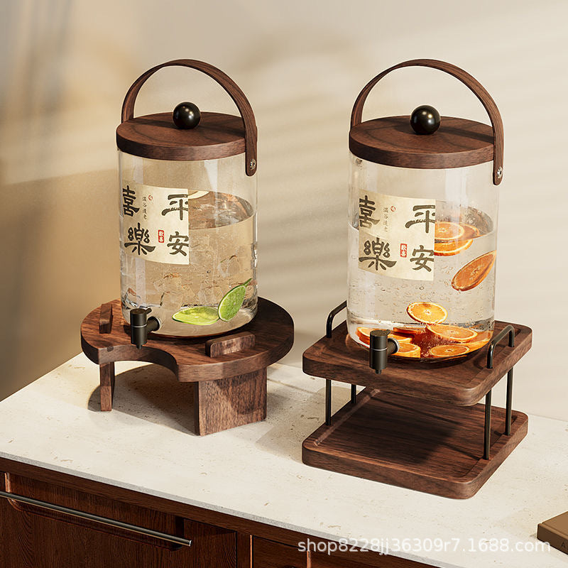 Artisanal Vintage Glass Beverage Dispenser with Walnut Wood Stand - 3.5L / 5.5L