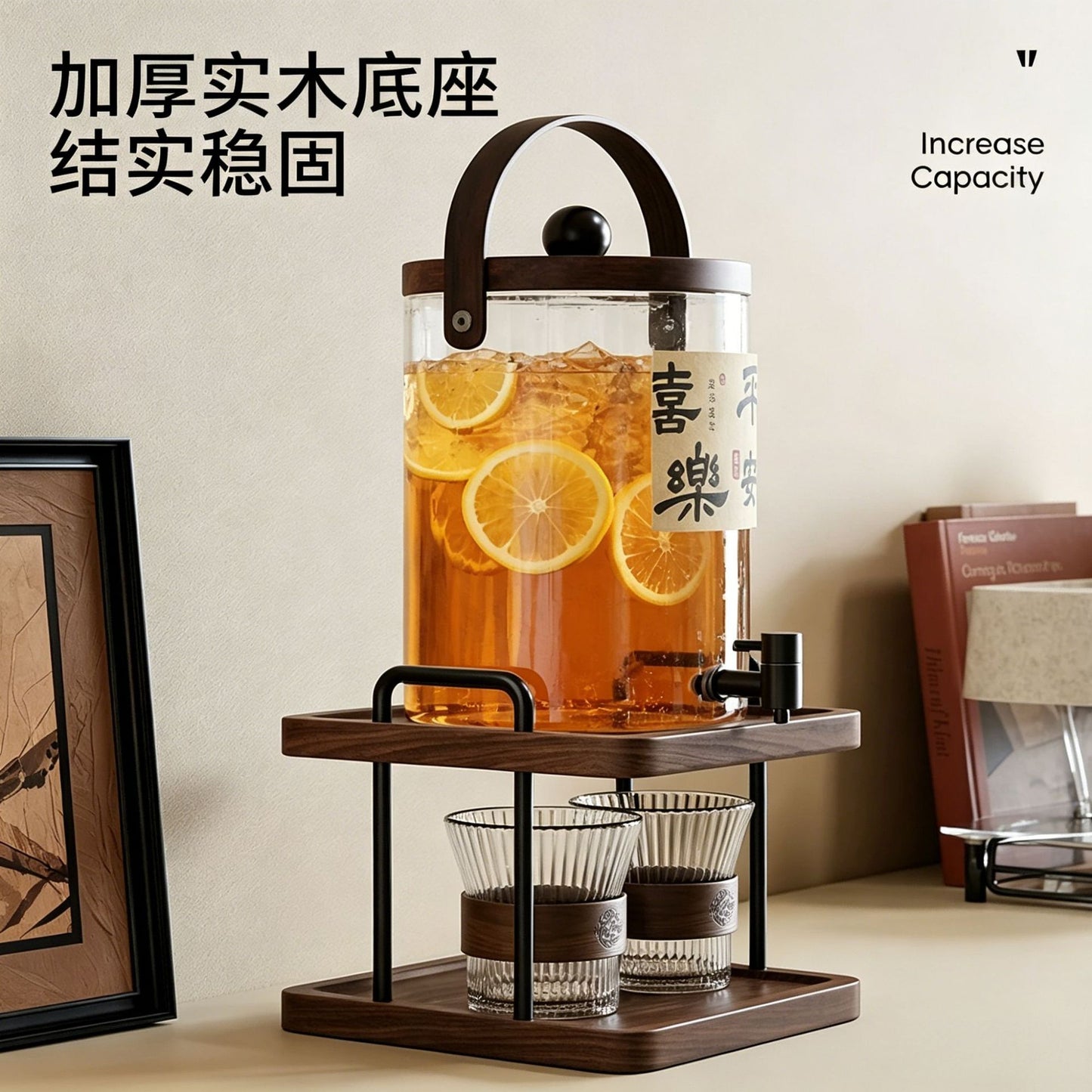 Artisanal Vintage Glass Beverage Dispenser with Walnut Wood Stand - 3.5L / 5.5L
