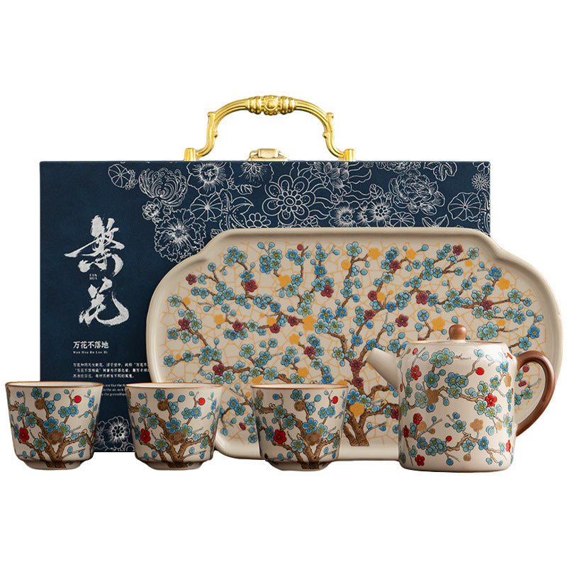 Artisanal Ru Kiln Golden Plum Teapot Set - Handcrafted Chinese Kung Fu Tea Kit