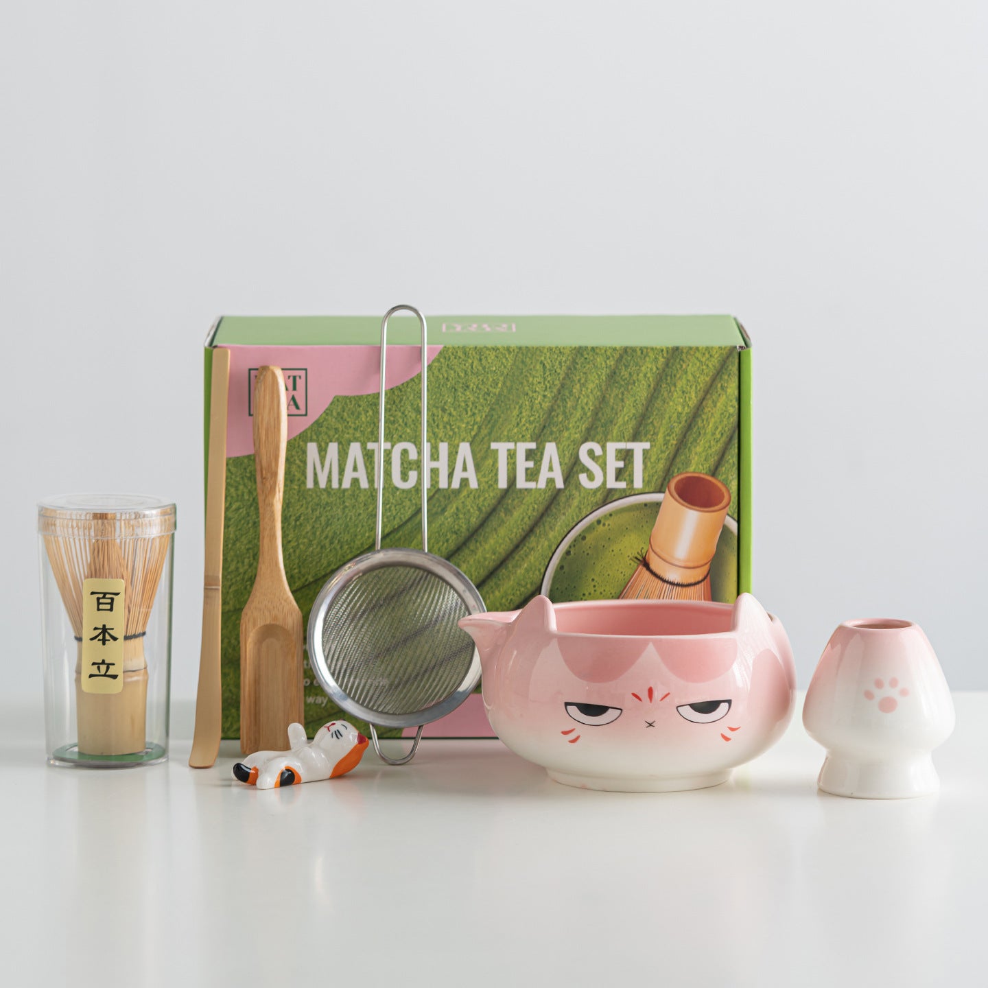 Cute Cat Ceramic Matcha Bowl Starter Set - 7-Piece Kawaii Japanese Tea Kit