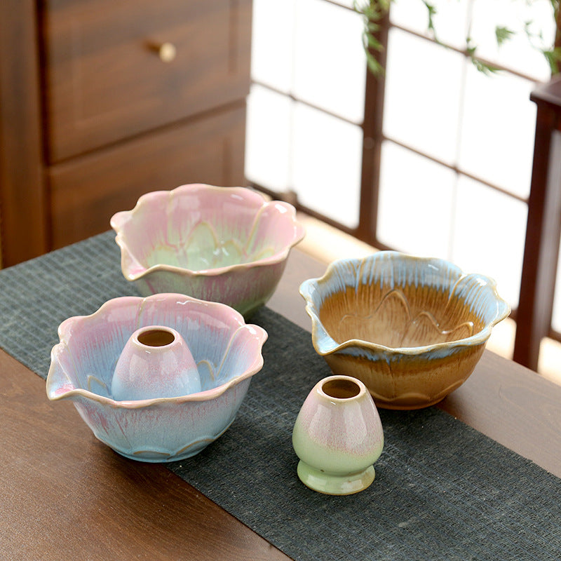 Artisanal Lotus Embossed Ceramic Matcha Bowl Set - 4-Piece Traditional Kit