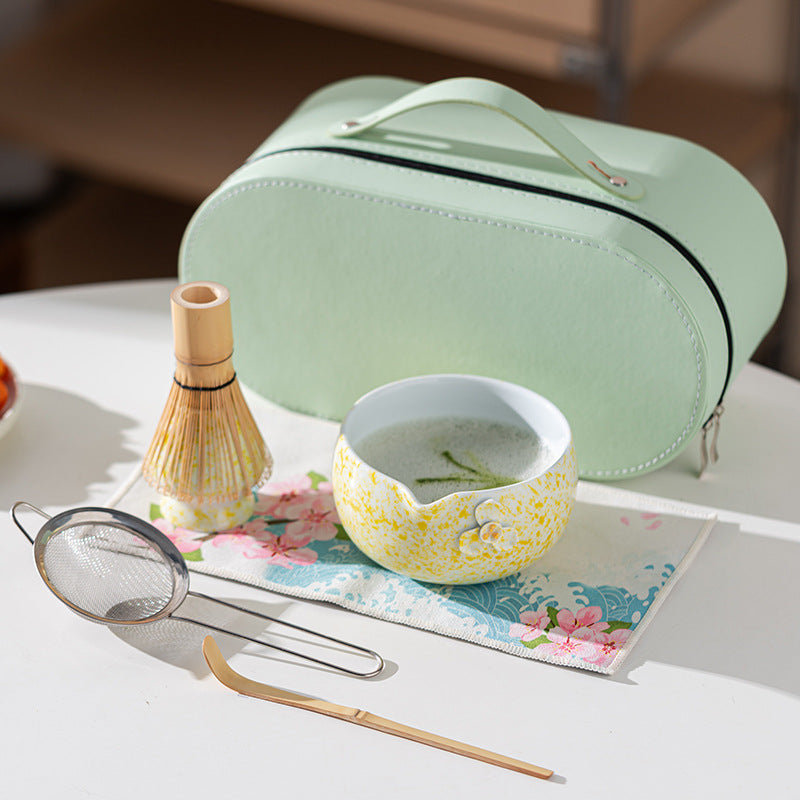 Matcha Set with Ceramic Bowl, Bamboo Whisk (Chasen), and Portable Leather Case - Japanese Tea Ceremony Starter Kit