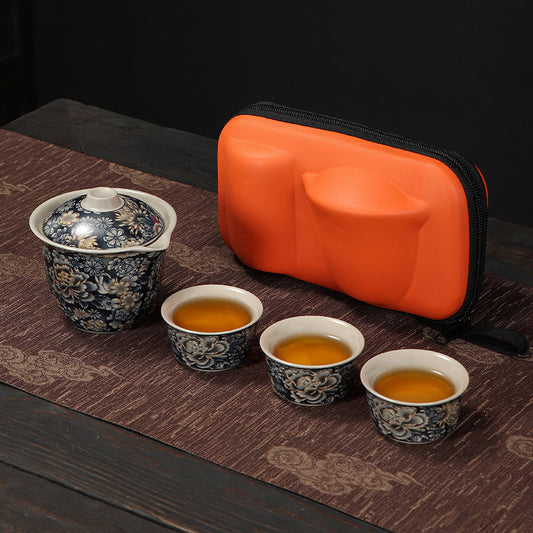 Portable 'Blue Peony' Ceramic Travel Tea Set - One Pot Three Cups