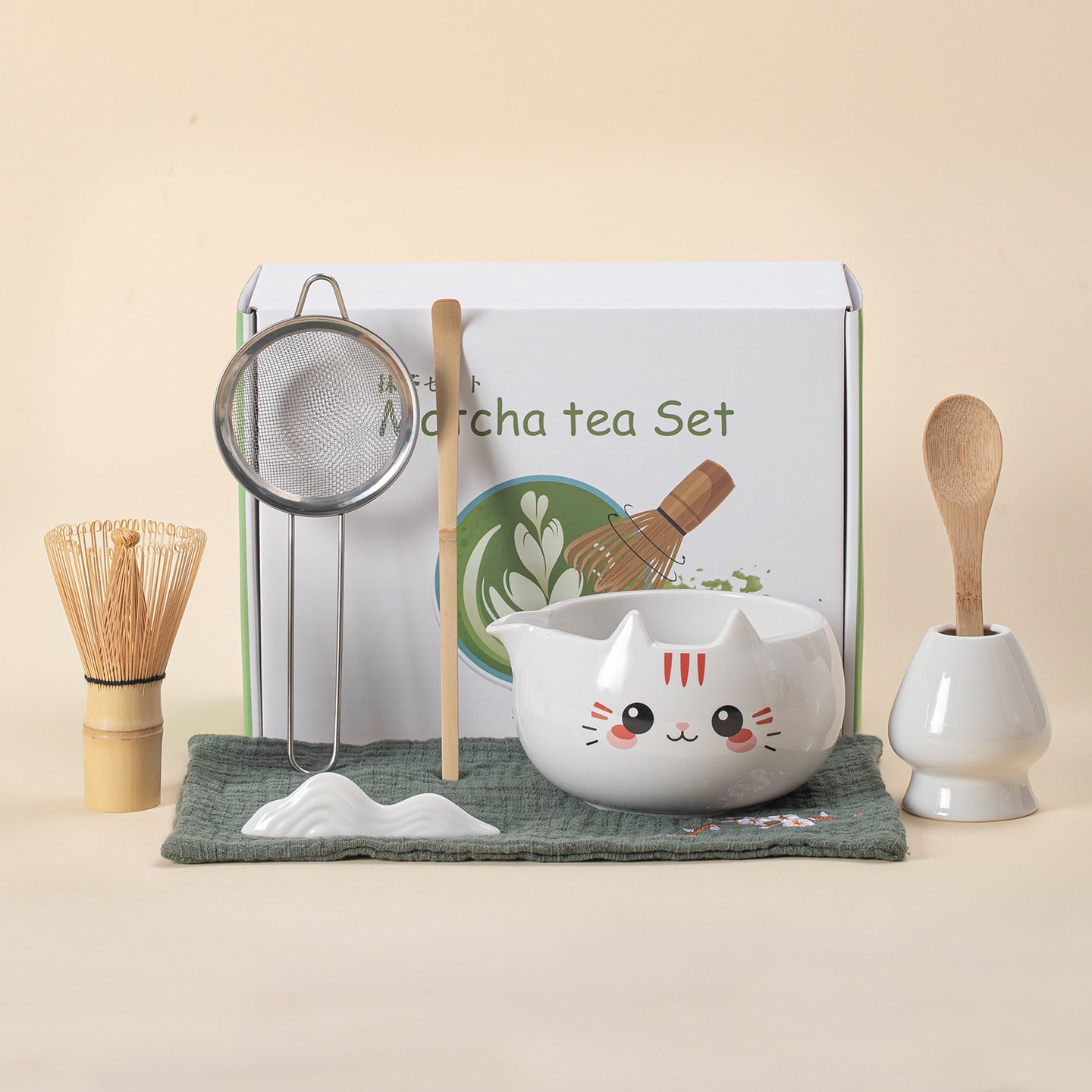 Kawaii Hand-Painted Cat Ceramic Matcha Starter Set - 8-Piece Master Gift Kit