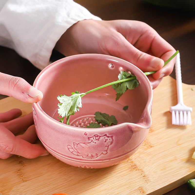 Artisanal Cat Ceramic Herb Stripper & Garlic Grater Bowl - Multi-functional Kitchen Tool
